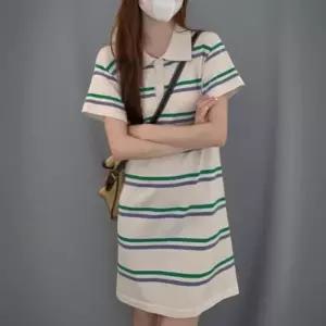 [신상오픈런]여성 클래식 스트라이프 카라넥 반팔 미니 드레스 (38767486)