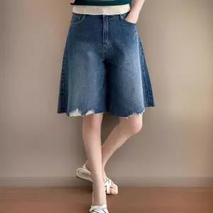[신상오픈런]여성 빅사이즈 여름 청 와이드 버뮤다 반바지 컷팅 구제 스타일 (38643071)