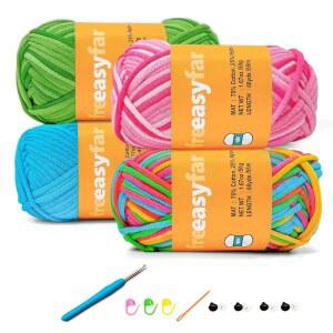 코바늘 뜨개질 및 뜨개질용 프리애시파 4x50g 초급 크로셰 실 도구 세트가 포함된 키트( 스트로베리 론그린 아쿠아 4 스케인)