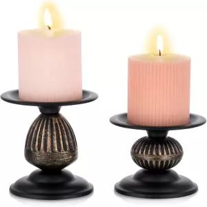 스치치 빈티지 기둥 캔들 홀더 디스트레스 메탈 블랙 커피 식탁 맨틀 벽난로용 허름한 시크한 장식품 - 2개