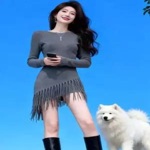 여자 니트 원피스 치마 동계 러블리 프렌치 너무 예뻐 허리그레이 옆 코트에 어울리는 다올4