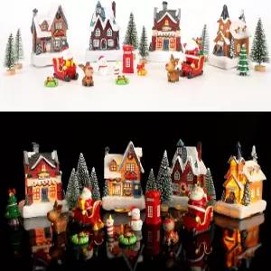 JOYOFXMAS 24Pc 크리스마스 빌리지 세트 LED 조명이 있는 하우스 타운 씬 피규어 빌딩 홈 데코 컬렉션