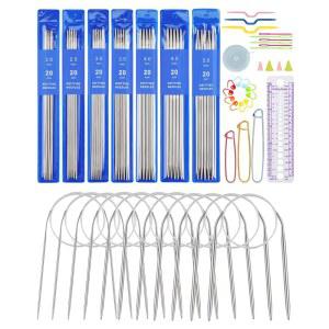 이중 뾰족한 뜨개질 바늘 세트 2개 원형 짧고 긴 스테인리스 스틸 및 큰 눈 마커 안전 핀 용품