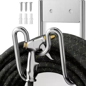 정원 호스 홀더 벽걸이 - SS304 스테인리스 스틸 물 걸이식 헤비 듀티 랙 연장 코드용 진공 외부 실버