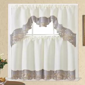 GOHD 아치 로사리움 3pcs 주방 커튼 세트 독특한 금색 실에 장미 자수가 있는 우아한 보리 원단 테두리에