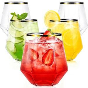 파티 바 웨딩 시음을 위한 투명 Maaacute 12개(다이아몬드 스템리스 Oz 깨지지 림 골드 칵테일 40개 모양) 플라스틱 와인 일회용 않는 컵 샴페인 위스키