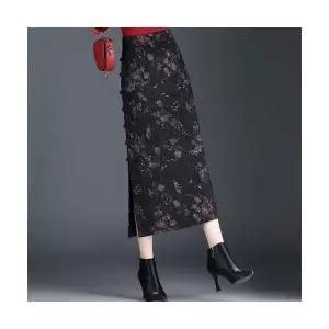 치마 롱 모직 여성용 데일룩 H라인 프린트 원턱 가을겨울 옆트임 힙업 슬림핏 치파오 DAOL4