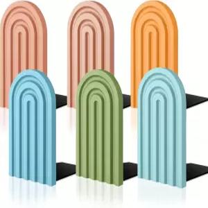 JarThenaAMCS 6Pcs 보호 아치 우드 북엔드 컬러풀 북 스탠드 미끄럼 방지 장식용 레인보우 책 영화 CD