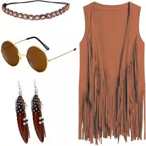 여성 디스코 히피 의류 평화 사인 귀걸이 머리띠 프린지 조끼 60년대 의상으로 승진