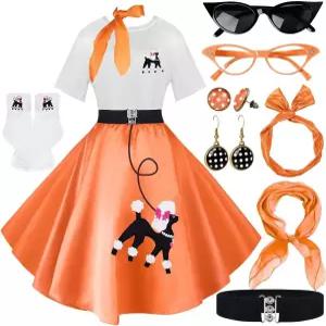 10개 양말 홉 의상 여성 1950년대 푸들 스커트 50년대 액세서리 스카프 헤드밴드 벨트 귀걸이