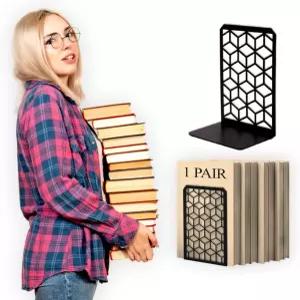 Geomod 3D 큐브 블랙 메탈 북엔드 무거운 책을 위한 장식용 - 튼튼한 보호 북 스톱 최소한의 책꽂이 스토퍼