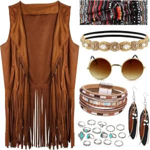 60년대 여성 히피 액세서리 프린지 조끼 할로윈 디스코 파티 의상 세트를 위한 FEYIR