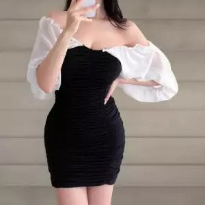 [신상오픈런]여성 파티룩 시스루 셔링 투톤 오프숄더 미니 원피스 (39079274)