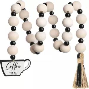 메플리트 갈랜드 - 천연 나무 구슬 황마 로프 커피 테마의 홈 데코용 걸이 장식품