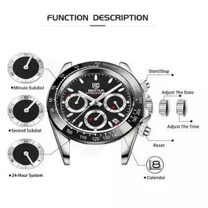 호환  베냐르 쿼츠 시계 남성용 크로노그래프 스테인리스 방수 시계 탑 럭셔리 비즈니스 야광 손목시계 남