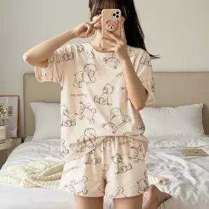 여성 바지 파자마 베이지곰 잠옷 세트 파티 반팔 여름