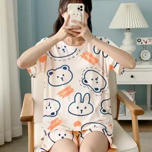 스마일곰 파자마 여름 반팔 여성 바지 잠옷 세트 파티
