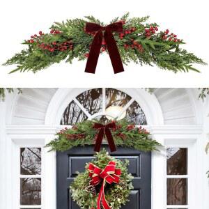 60CM 인조 액자 시더 창문 장식, 맨텔 (레드 야외 실내 홀리데이 노퍽 데코 벨벳 우편함 / 그리너리 거울 베리, 23.6피트) 크리스마스 홈 소나무 스웨그와 보우