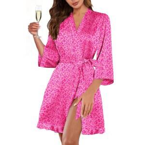 에쿠아르 여성 새틴 로브 실크 기모노 목욕 짧은 밑단 신부 들러리 슬립웨어 주머니