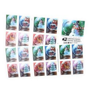 미국 우체국 스콧 스노우 글로브(20권 USPS 굴뚝에 #5816-5819 영원한 트리) 올라탄 크리스마스 장엄한 2023 산타클로스, 소책자) 우표(눈사람, 사슴,