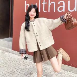 겨울 반 체크 살구 모피 코트 퍼 소매 여성패션 램스울 DL4