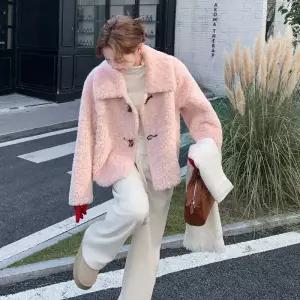 핑크 울 여성패션 모피 코트 겨 가죽 퍼 일체형 세무 상의 DL4