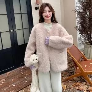 핑크 면 겨울 모피 코트 퍼 부드러운 램스울 여성패션 DL4