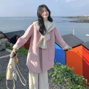 핑크 울 겨 코트 케이프 모피 네크라인 더블 여성패션 부드러운 DL4