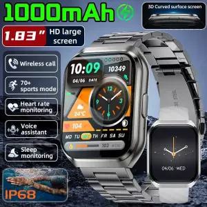 호환  LIGE 밀리터리 등급 1000mAh 배터리 스마트워치 IP68 방수 블루투스 통화 1.83인치 HD 남성 스포츠