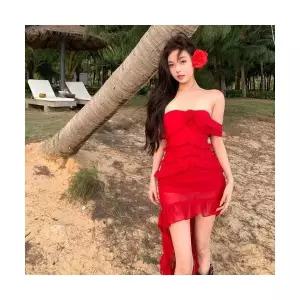 스커트 롱 여름 여성원피스 바캉스 드레스 프렌치 프릴 드레이프 언발란스 쉬폰 HT5