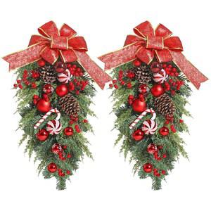 크리스마스 티어드롭 레드 겨울 장식용 화환 있는 계단 파인콘이 2팩, 보크노트, 홈 베리, 창문 장식, 현관 스웨그 아웃도어, 24인치