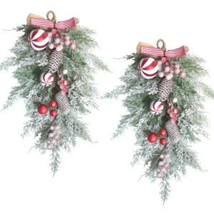 EGOLOT 2 크리스마스 스웨그, 티어드롭 창문 포함된 레드 화이트 PCS 우편함 화환, 20 캔디 프로스팅 U201D 스왑 지팡이 볼과 베리가 실내 장식 니들 야외용 파인