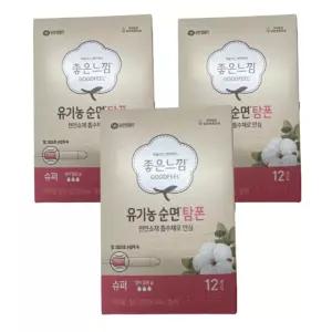좋은느낌 유기농100%순면흡수체 탐폰, 슈퍼, 12매, 3개