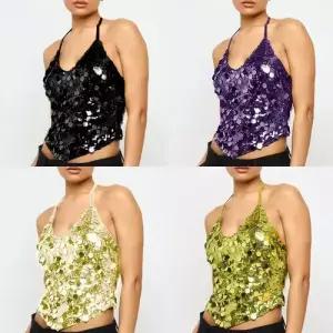 볼사스 여자 캐주얼 블링 탑 나시 홀터넥 빅 조끼 슬림핏 오프숄더 스팽글 ADOR1