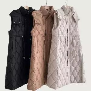 [신상오픈런]여성 물결 퀼팅 후드 롱 조끼 솜패딩 스트링 버튼 (41563941)