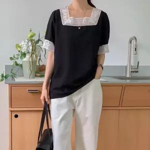 [신상오픈런]여성 여름 하객 패션 플라워 레이스 스퀘어넥 루즈 블라우스 (39101561)