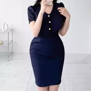 [신상오픈런]여성용 배색 퍼프 소매 미니 드레스 골드 버튼 (39096154)