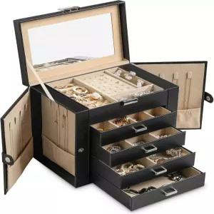 프리뷰티 5단 주얼리 박스 4개의 서랍이 있는 인조 가죽 정리함 거울이 및 보관함 목걸이용 홀더 여성용