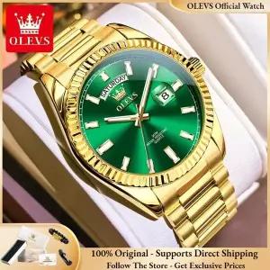 호환  OLEVS 5650 남성 시계 클래식 유니크 골드 그린 남성 쿼츠 시계 비즈니스 럭셔리 방수 발광 날짜