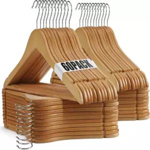유니코어 나무 옷걸이 60팩 일상용 정밀하게 자른 노치가 있는 헤비 듀티 옷장용 코트 셔츠 정장 드레스용
