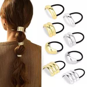 여성 및 소녀용 두꺼운 얇은 포니테일 골드 실버 헤어 커프스를 위한 Aushamtai 8PCS 메탈 타이 손상 없는