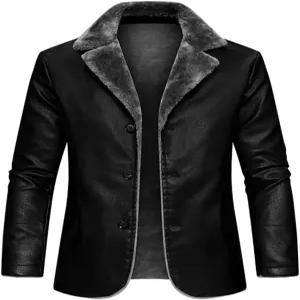 레이이즈 남성용 인조 가죽 재킷 두꺼운 모피 전단 라펠 칼라 보튼 다운 롱 트렌치코트 블랙 브라운