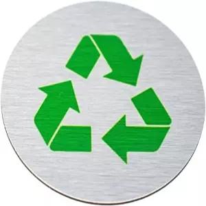 2 원형 금속 재활용 표지판 쓰레기통 마커 바구니 녹색 심볼이 있는 브러시드 실버 알루미늄 지속 가능성
