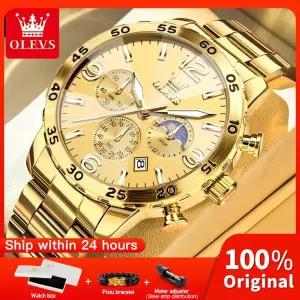 호환  OLEVS 3678 남성용 시계 스테인레스 스틸 쿼츠 시계 방수 빛나는 달의 위상 자동 날짜 남성용 선 Rel