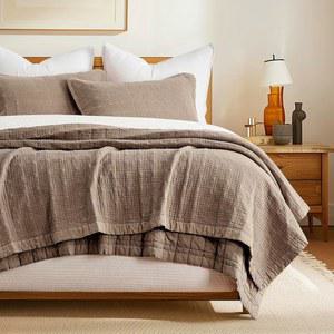 에버그레이스홈 스톤워싱 코튼 퀼트 세트 킹 사이즈, 울트라 소프트 오버사이즈 침대 커버렛 세트, 가벼운 크링클 박스 스티치 침구 샴 2개, 모카 브라운 포함