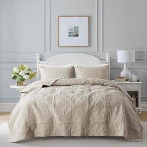 B2EVER 베이지 다마스크 퀼트 킹 사이즈 침구 세트, 베개 샴 2개, 보호 침대 스프레드 경량 소프트 농가 빈티지 보헤미안 커버렛 레트로 자카드 패턴 커버, 사계절용 3피스