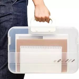 Lemical 휴대용 플라스틱 투명 파일 박스 핸들 포함 A4 대용량 헤비 듀티 종이 수납함