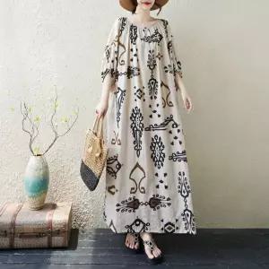 세군다 여자 플라워 원피스 하객 빅사이즈 면마 프린트 슬림핏 바캉스풍 로브 오버핏 벌룬 롱스커트 DOS1
