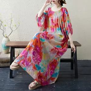 세군다 여자 플라워 원피스 하객 빅사이즈 면마 프린트 슬림핏 바캉스룩 벌룬 DOS1