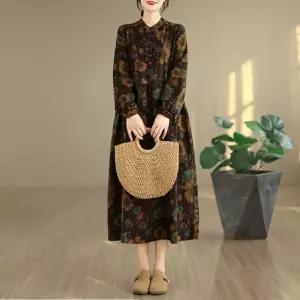 세군다 여자 플라워 원피스 하객 가을 빈티지 프린트 슬림핏 브이넥 긴팔 A라인 캐주얼 스트링 면마 DOS3